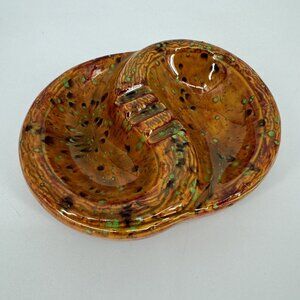 Vintage MCM Ceramic Ashtray Brown Green Drip Glaze Divided Catchall 1970s Retro